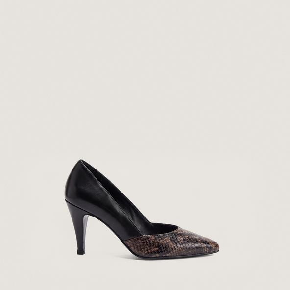 Pumps with pointed toes in taupe python-effect leather and black leather | DIALECTE