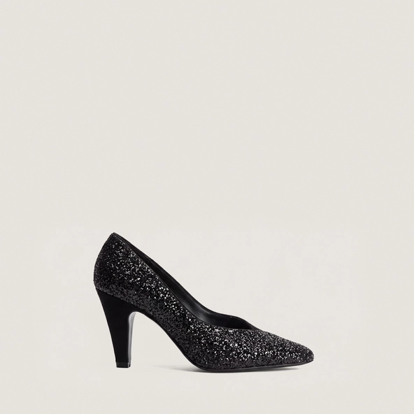 Pumps with pointed toes in black glitter and black suede | DULZURA