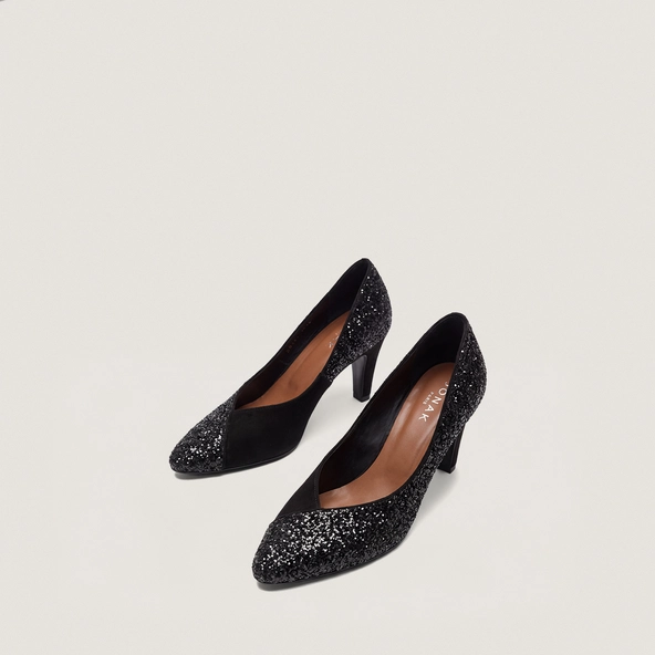 Pumps with pointed toes in black glitter and black suede | DULZURA