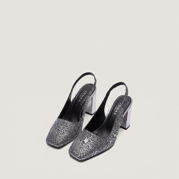 Square-Toe Heeled Pumps in silver iridescent fabric and silver synthetic | DACK