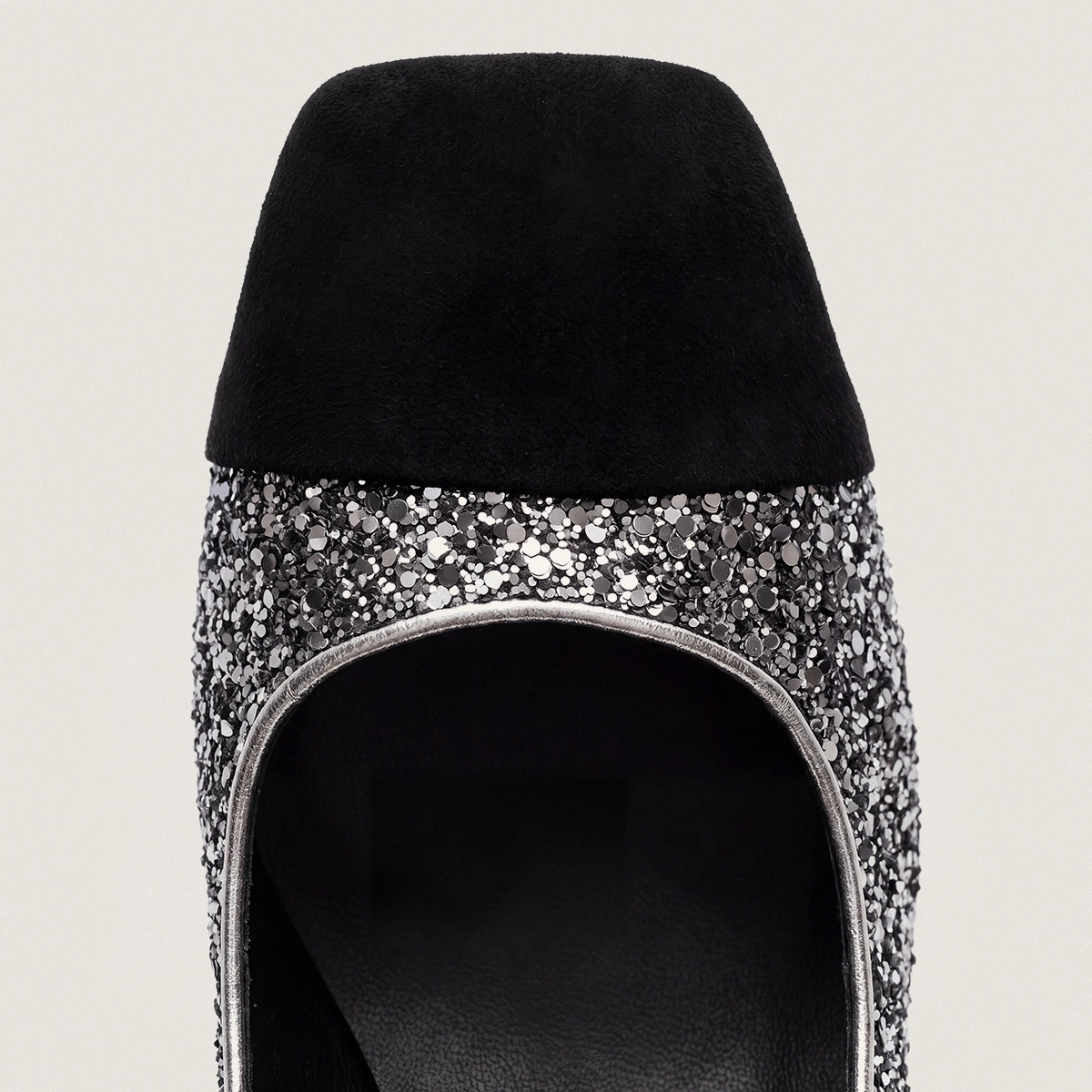 Block-Heel Pumps with Square Toes in black suede and dark silver glitter | DOG