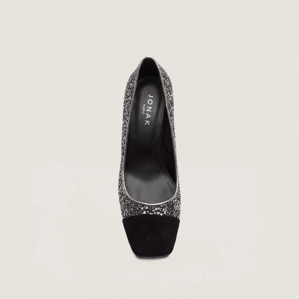 Block-Heel Pumps with Square Toes in black suede and dark silver glitter | DOG