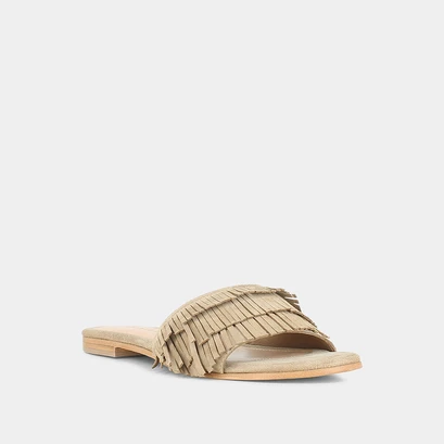 Beige suede mules with fringe | wendy