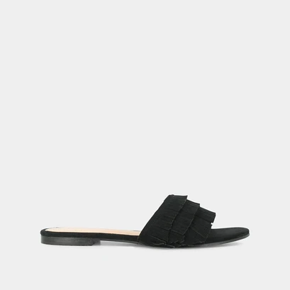 Black suede mules with fringe | wendy