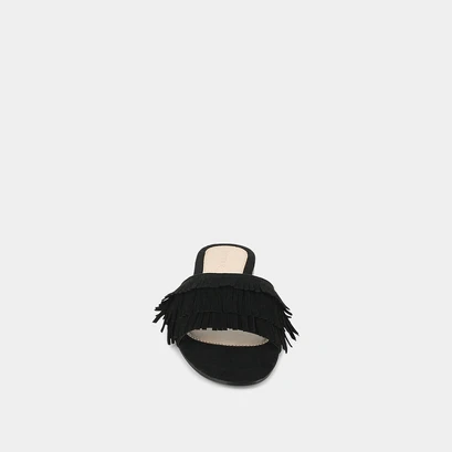 Black suede mules with fringe | wendy