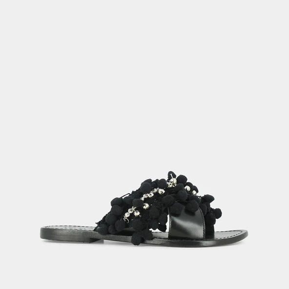 Mules in black leather and textile with pompoms and beads | JACK