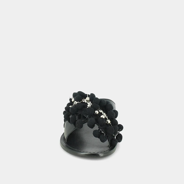 Mules in black leather and textile with pompoms and beads | JACK