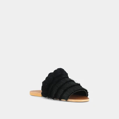 Black textile mules with fringe | joujou