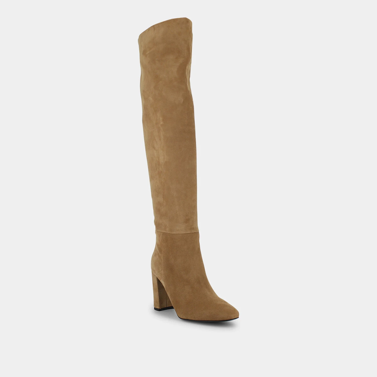 Thigh high boots with square heel in beige suede | CANVA