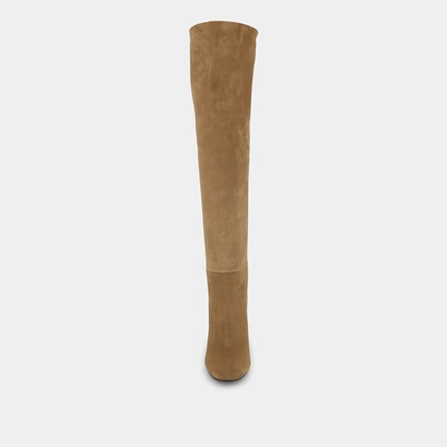 Thigh high boots with square heel in beige suede | canva