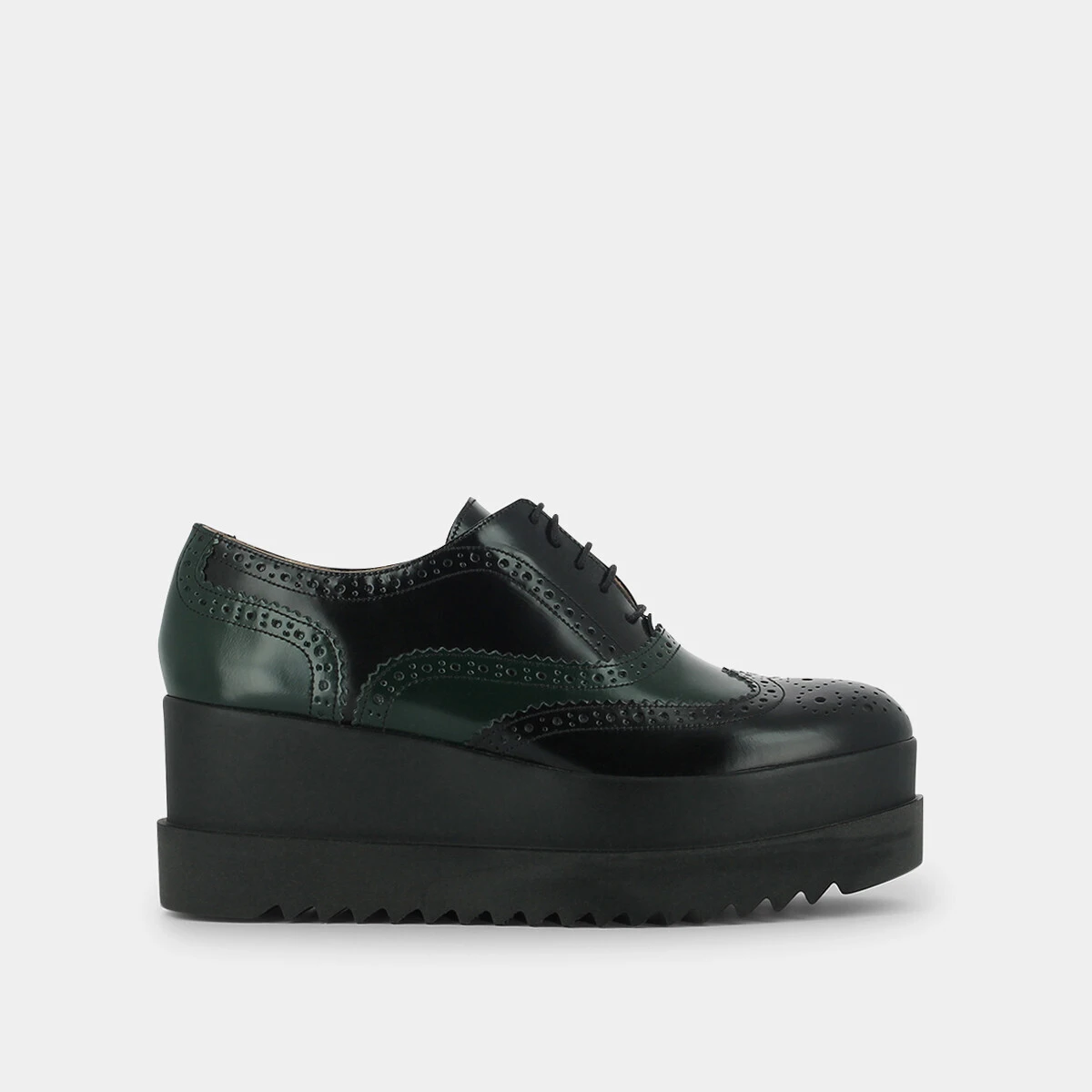 Derbies with thick platform in black and green leather | AMICO