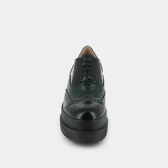 Derbies with thick platform in black and green leather | AMICO