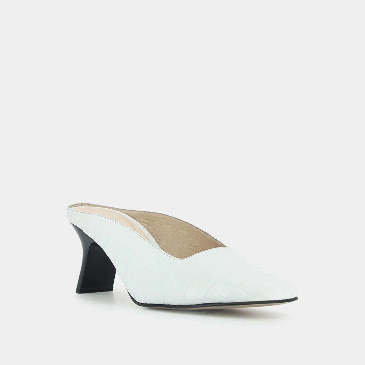 Mules with slanted heel in white crocodile skin | DJOHAN