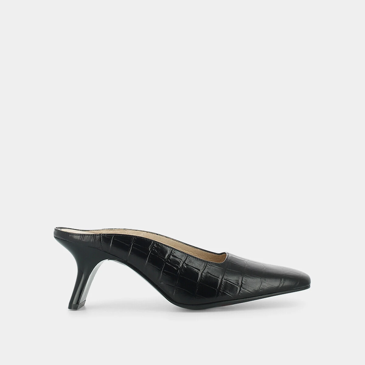 Mules with slanted heel in black crocodile skin | DJOHAN