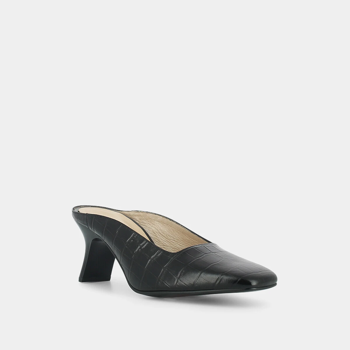 Mules with slanted heel in black crocodile skin | DJOHAN