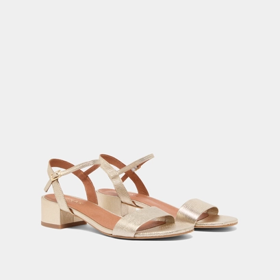 Sandals with square heel in gold snakeskin-effect | via