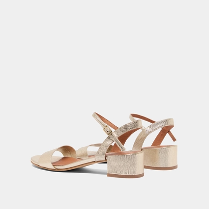 Sandals with square heel in gold snakeskin-effect | via