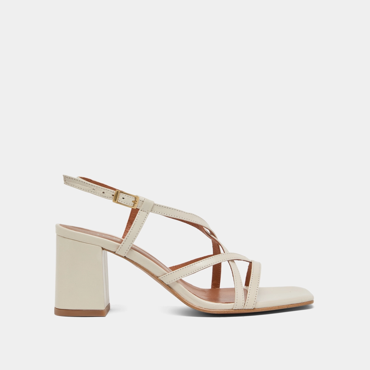 Square toe flanged heeled sandals in ecru leather | VERLAINE