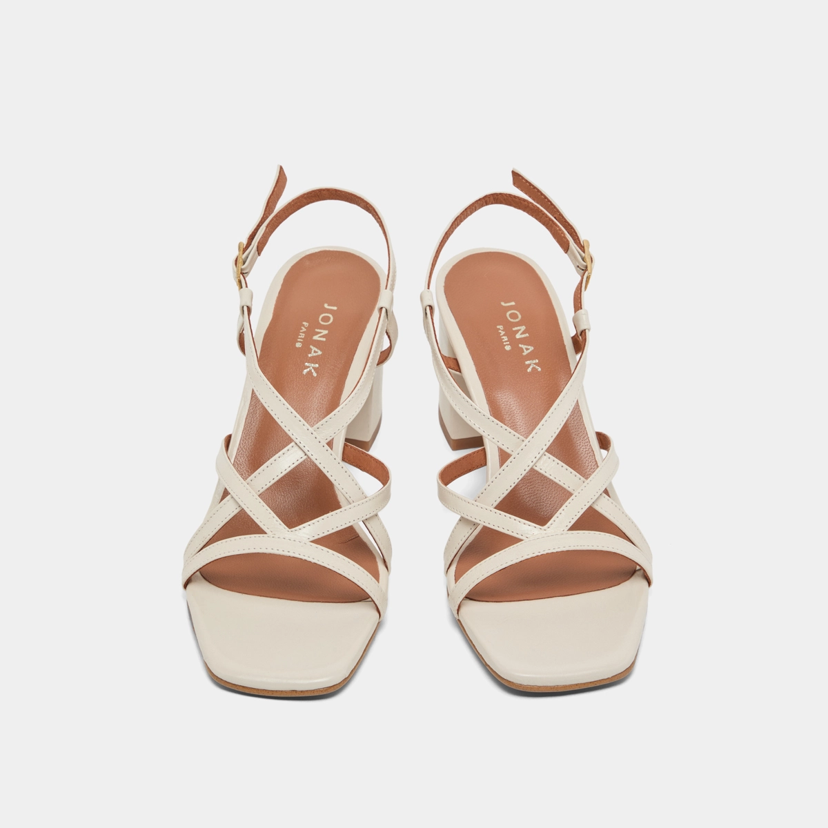 Square toe flanged heeled sandals in ecru leather | VERLAINE