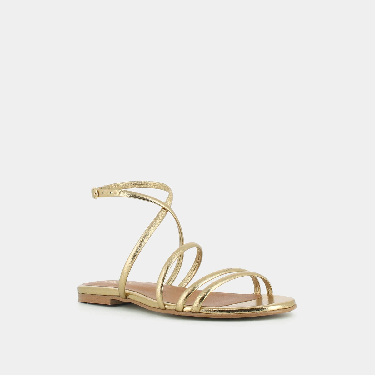Flat strappy sandals and straps in platinum metallic leather | APOLLINE