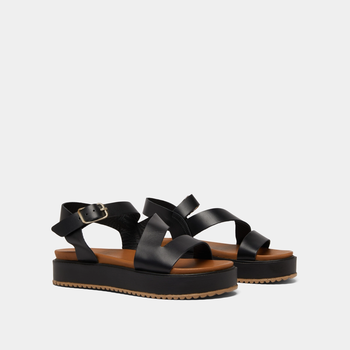 Platform sandals with straps in black leather | ISAURE