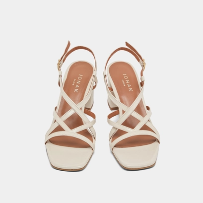 Square toe flanged heeled sandals in ecru leather | verlaine