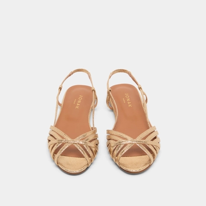 Open toe flat sandals in dark gold cracked leather | deluck