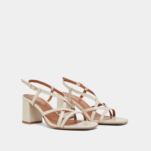 Square toe flanged heeled sandals in ecru leather | VERLAINE