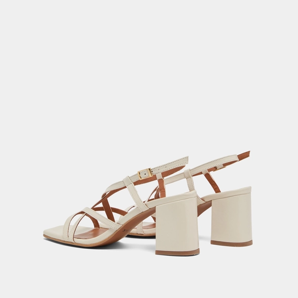 Square toe flanged heeled sandals in ecru leather | VERLAINE