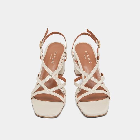 Square toe flanged heeled sandals in ecru leather | VERLAINE