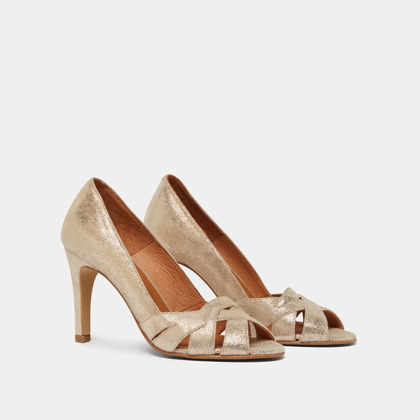 Open heels with crossed straps in laminated platinum velvet | DALBY