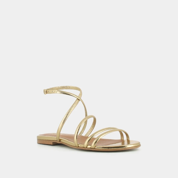 Flat strappy sandals and straps in platinum metallic leather | APOLLINE