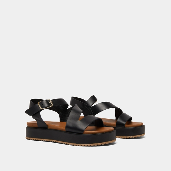 Platform sandals with straps in black leather | ISAURE