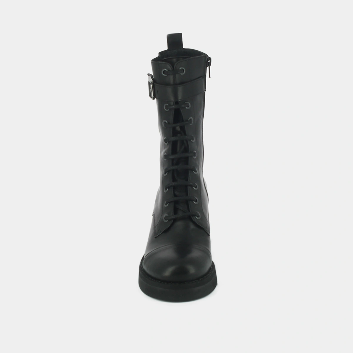 Lace-up ankle boots, heels and silver detail in black greased leather | ACONIT