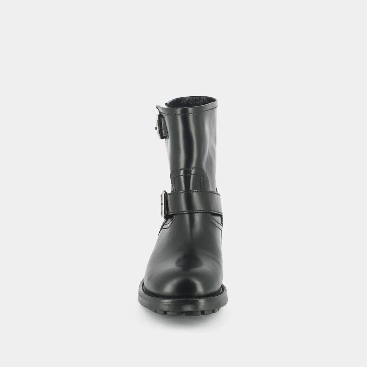 Shoelace boots, notched sole and silver buckle detail black glazed leather | DIVIUS