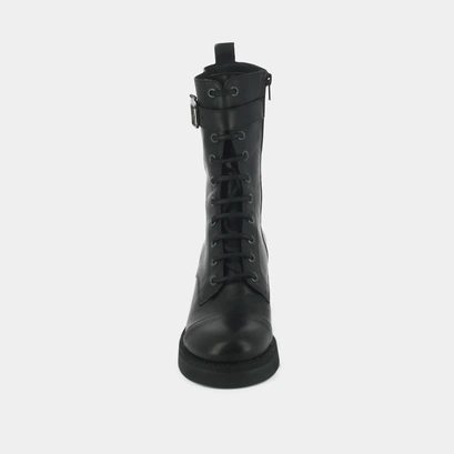 Lace-up ankle boots, heels and silver detail in black greased leather | aconit