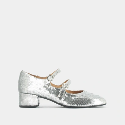 Babies with double buckles and heel in silver sequins | domi
