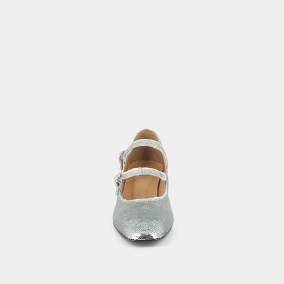 Babies with double buckles and heel in silver sequins | domi