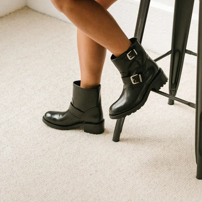 Shoelace boots, notched sole and silver buckle detail black glazed leather | divius