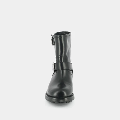 Shoelace boots, notched sole and silver buckle detail black glazed leather | divius
