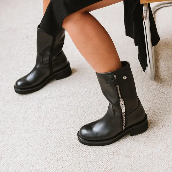 Heeled boots with double zip in black leather | DIANETTE