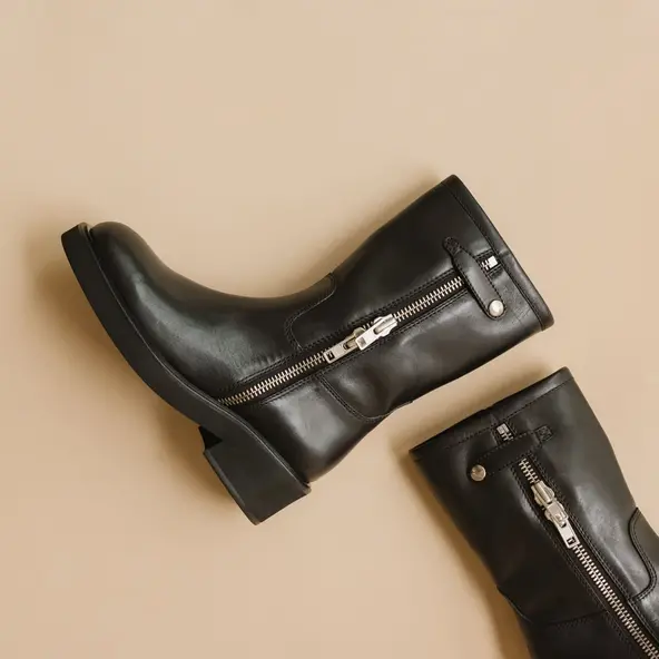 Heeled boots with double zip in black leather | DIANETTE