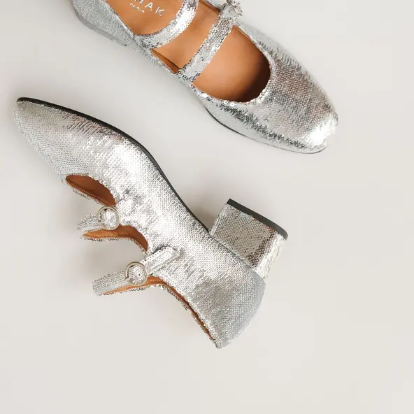 Babies with double buckles and heel in silver sequins | DOMI