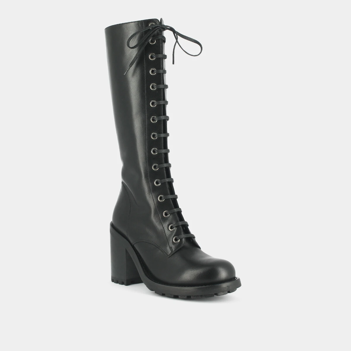 Boots with heels and lacing in black leather | DELLY