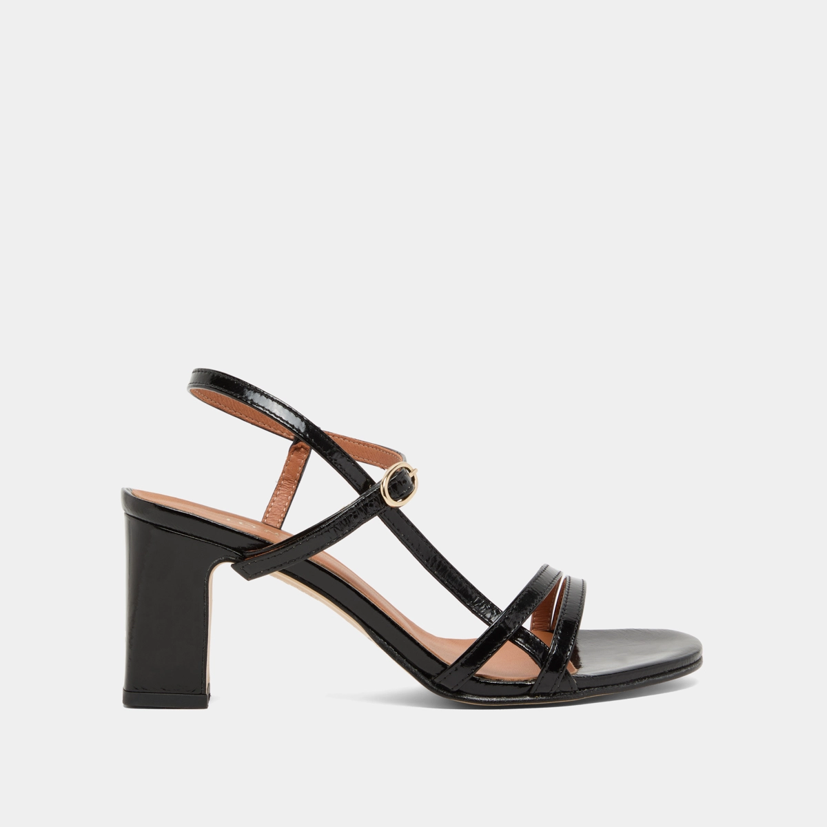 Sandals with heels and straps in black shiny leather | VICOMTE