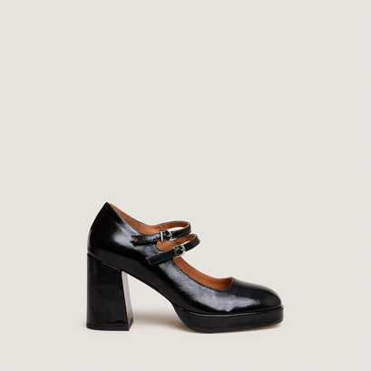Babies with double straps and platform in black pleated patent | verite