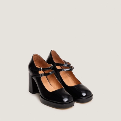 Babies with double straps and platform in black pleated patent | verite