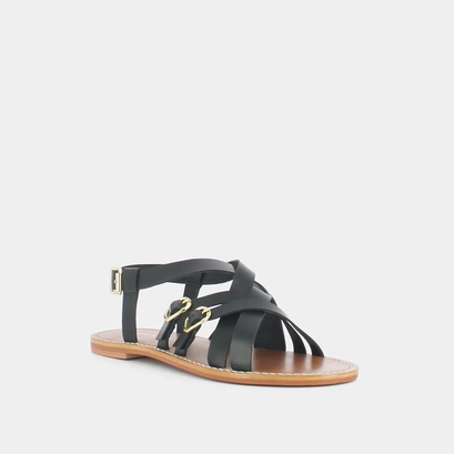 Flat sandals with woven soles in black leather | woury