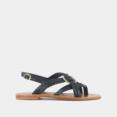 Woven flat sandals in black leather | wood