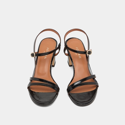 Sandals with heels and straps in black shiny leather | vicomte